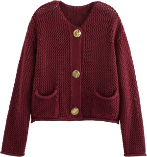 Yimoon Womens Cropped Cardigan Sweaters Gold Button Down Chunky Knit Sweaters Long Sleeve Open Front Fall Crochet Cardigan